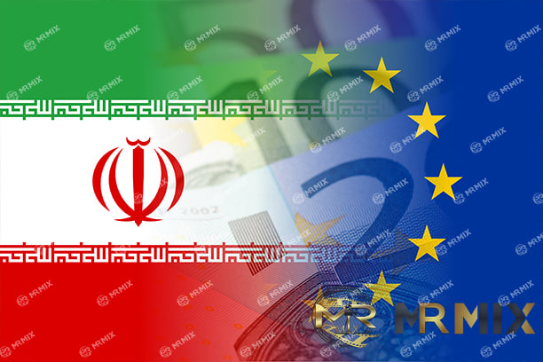 عکس استوک پرچم ایران و اتحادیه اروپا با اسکناس یورو ترکیبی