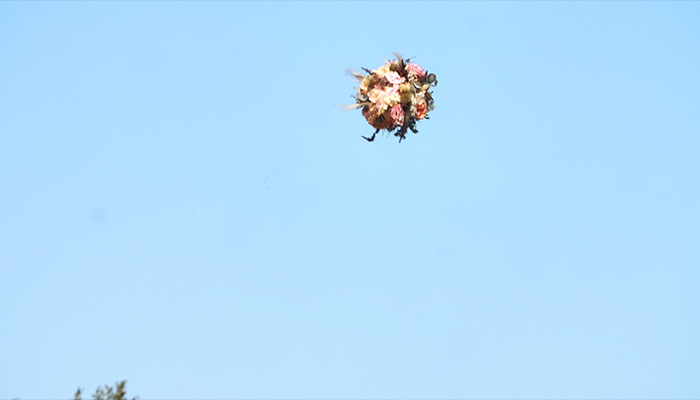 فوتیج دسته گل عروسی در هوا پرواز می کند