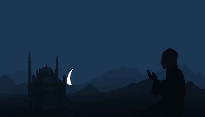 فوتیج یک مسلمان در پس زمینه یک مسجد و طلوع ماه نماز می خواند